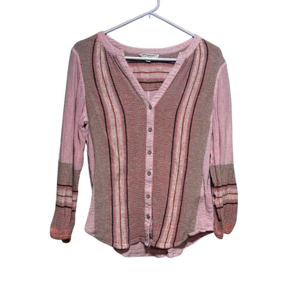 Liverpool Los Angeles Pink Rust Vertical Stripe Button Front Knit Top Medium